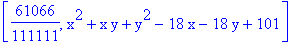 [61066/111111, x^2+x*y+y^2-18*x-18*y+101]